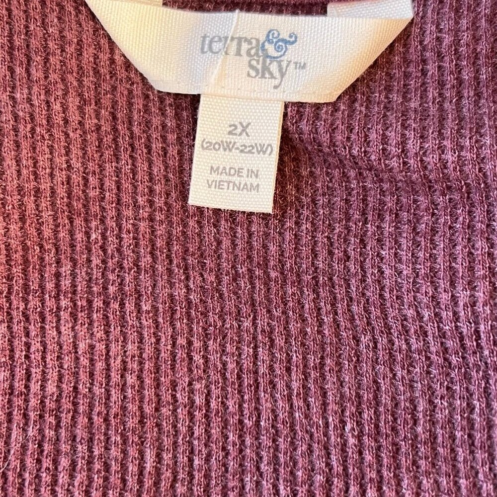 Terra & Sky - Women's 2X Henley Neck Long Sleeve Tee Shirt Burgundy Ribbed - Picture 6 of 10